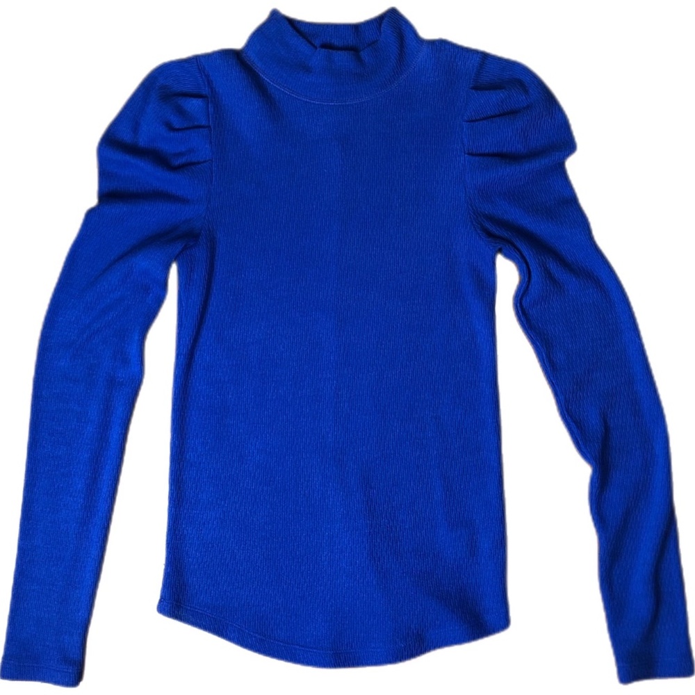 FREE PEOPLE Tattooed Heart Top Cobalt Blue Womens Small -Mock Neck Puff Shoulder